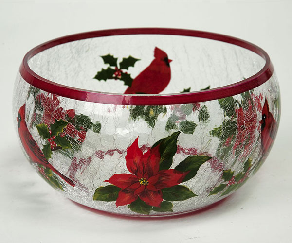 Handpainted Cardinal Crackle Glass Bowl