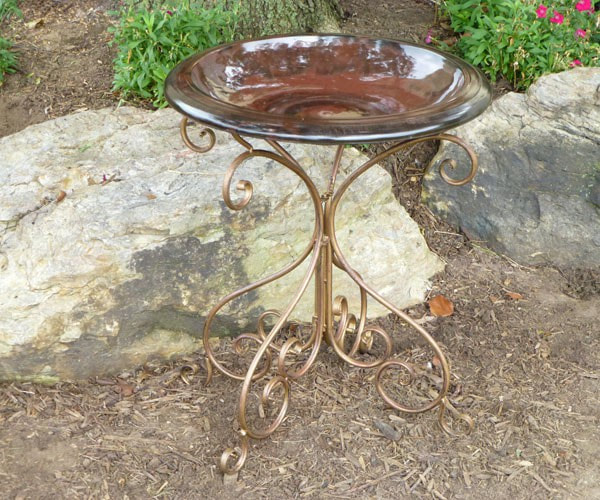 Antique Brown Birdbath With Decorative Copper Color Metal Base